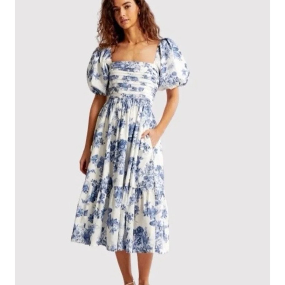 Abercrombie & Fitch Emerson Floral Puff Sleeve Smocked Midi Dress in White sz M